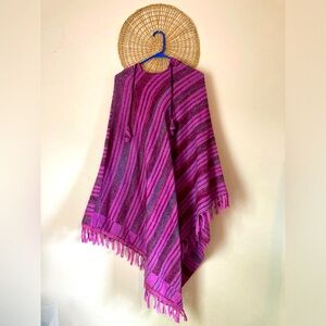 Wool hooded purple & red striped poncho fringe beach coverup boho lagenlook